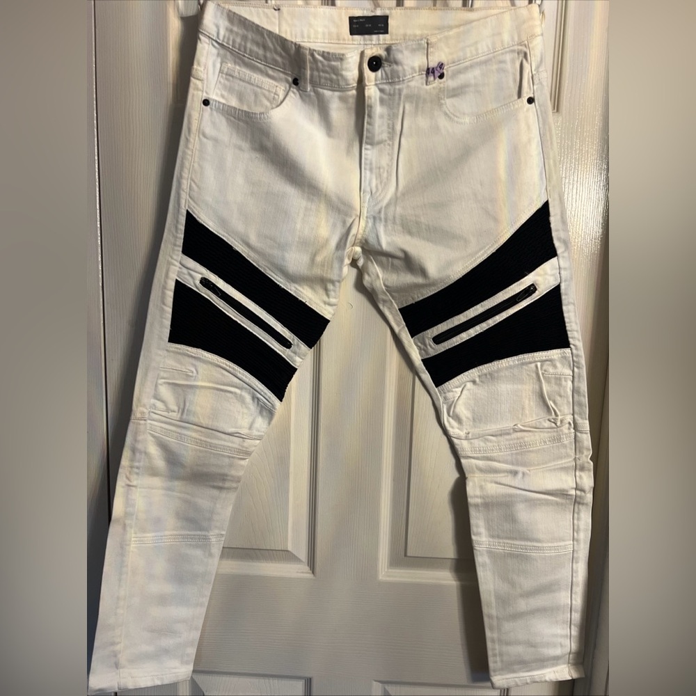Zara Man Black And White Denim Moto Biker Jeans- 36